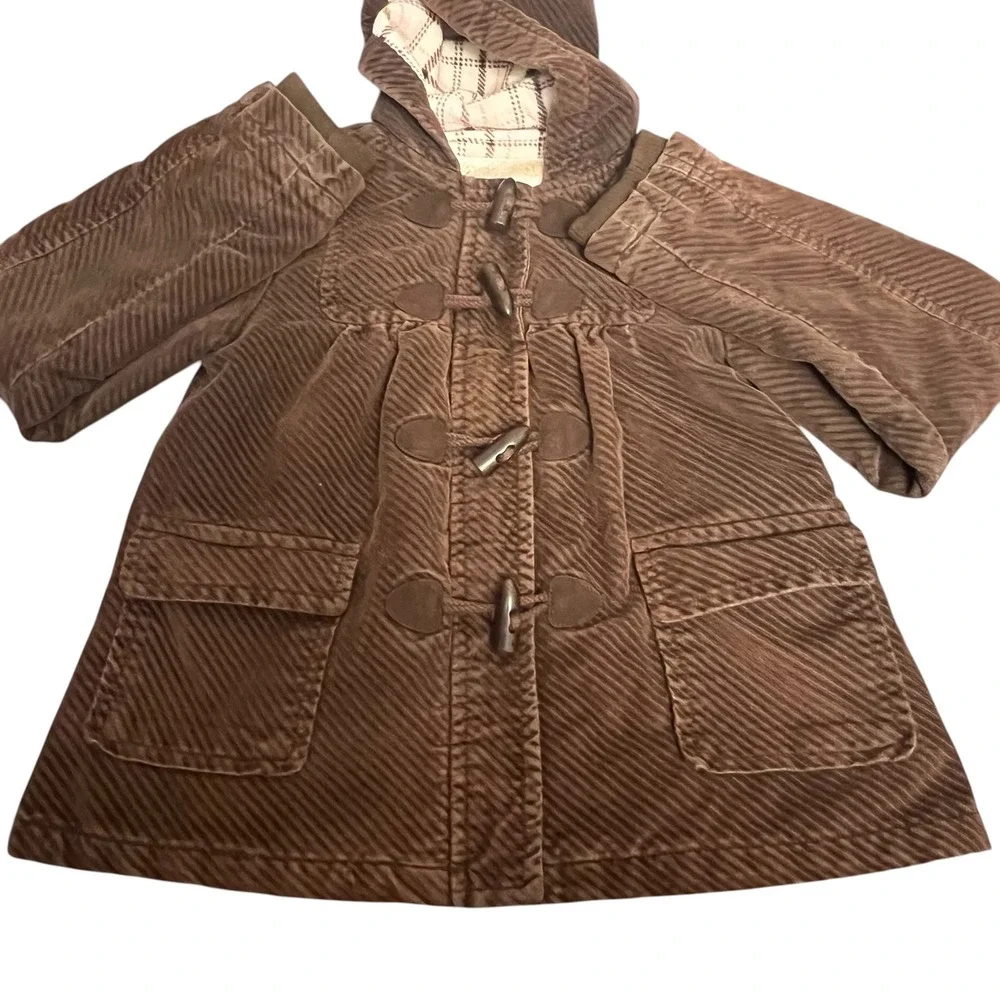 Old Navy Kids Brown Corduroy‎ Toggle Duffle Coat Hooded Plaid Fleece Lined Large